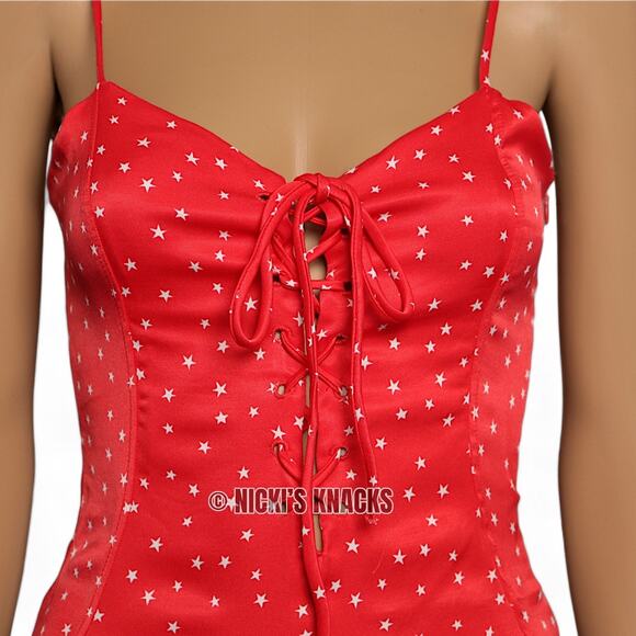 Zara Red Satin Star Bodysuit Y2K Lace Up Corset Tank Snap Bottom Top Size S - Picture 4 of 12